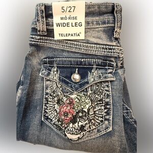 Telepatia Women's Flare Jeans Embroidery Skull Roses Faux Diamonds Silver Studs